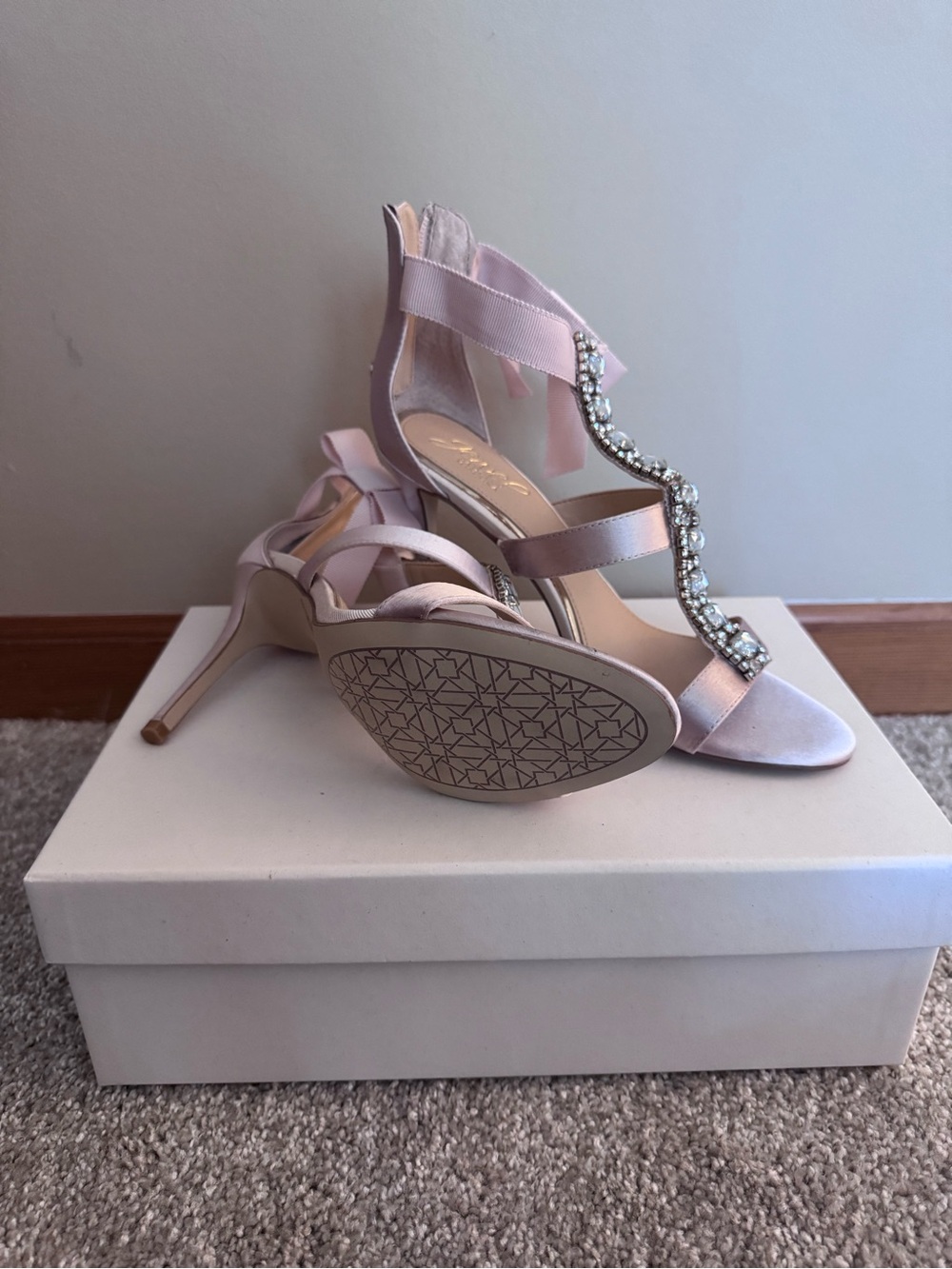 Jewel Badgley Mischka Blush Satin Crystal-Embellished Stiletto Sandals